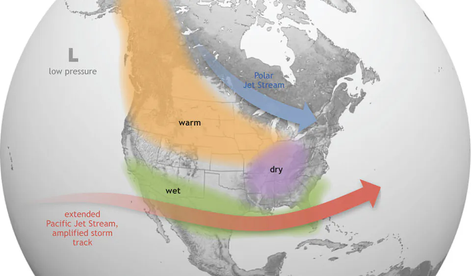 Một bản đồ NOAA không đề ngày tháng cho thấy các tác động của El Nino đối với Hoa Kỳ. (Ảnh: NOAA)