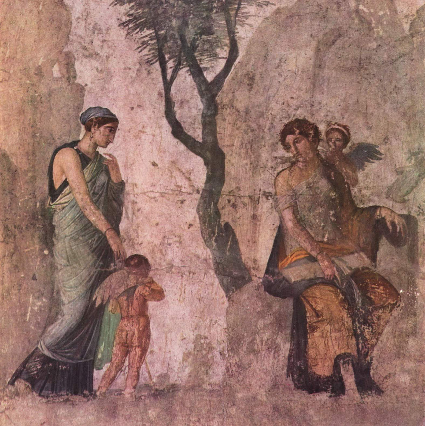 Một trinh nữ dắt thần tình yêu Eros đang giàn giụa nước mắt về gặp mẹ là nữ thần Venus. Bà phạt ông vì khơi dậy khao khát của vị thần chiến tranh Mars với một phụ nữ khác. Bức tranh “Eros Punished” (Thần Eros bị phạt) của một họa sĩ người Pompeii, khoảng năm 25 trước Công Nguyên. Bảo tàng Khảo cổ Quốc gia Naples, nước Ý. (Ảnh: Tài liệu công cộng)