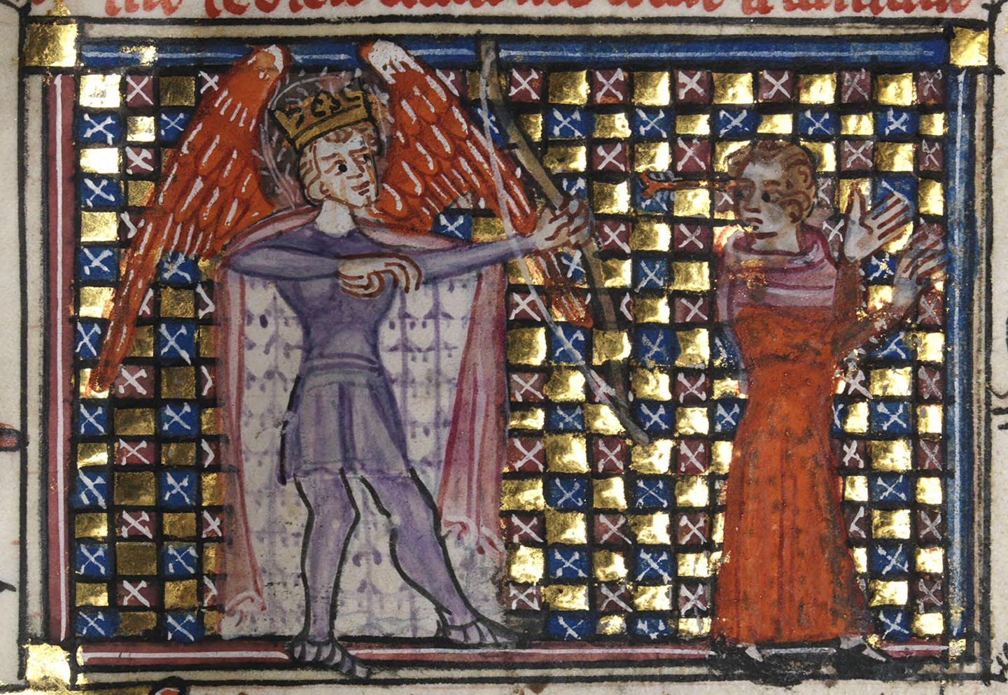 Thần Cupid bắn mũi tên vào một người đang yêu, hình ảnh sao chép từ một bản thảo có từ thế kỷ thứ 14 “Le Roman de la Rose” (Sự lãng mạn của Hoa hồng). Thếp vàng trên giấy da. Thư viện Quốc gia xứ Wales, Aberystwyth, xứ Wales. (Ảnh: Tài liệu công cộng)