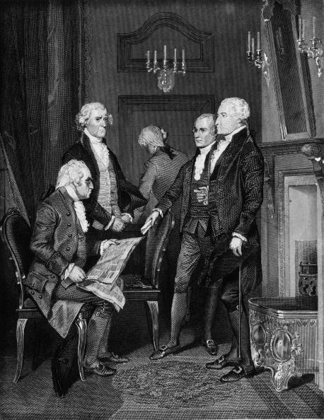 Các thành viên nội các đầu tiên của Tổng thống Washington: (từ trái sang phải) Bộ trưởng Chiến tranh Henry Knox, Ngoại trưởng Thomas Jefferson, Tổng Chưởng lý Edmund Randolph, và Bộ trưởng Ngân khố Alexander Hamilton. (Ảnh: MPI/Getty Images)