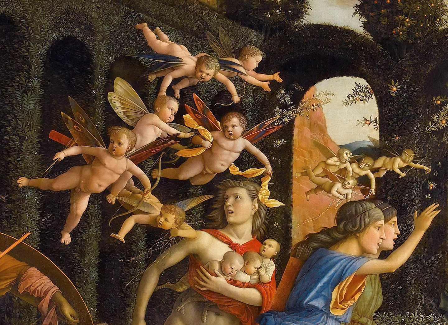 “Cupidi” chuyên làm trò tinh quái tai hại, tháo chạy khỏi khu vườn trong một chi tiết của bức tranh “Minerva Expelling the Vices from the Garden of Virtue” (Nữ Thần Minerva đuổi các Thói xấu khỏi Khu vườn Đức hạnh). (Ảnh: Tài sản công)