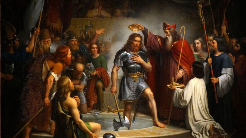 Bức Lễ rửa tội của vua Clovis ở Reims vào ngày 25/12/496, tác giả: François-Louis Dejuinne.