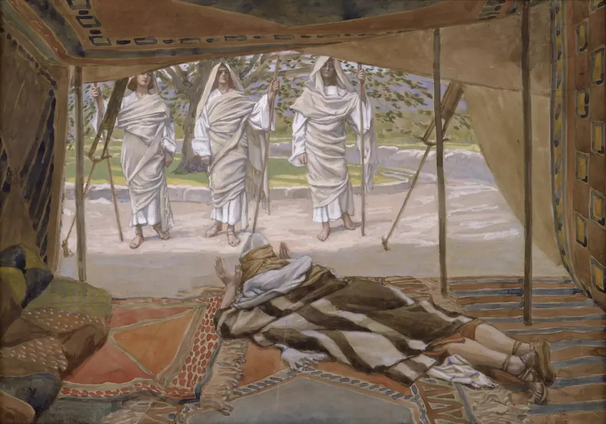 Chúa có thể tạo nên điều kỳ diệu cho những người lương thiện. Bức tranh “Abraham and the Three Angels” (Abraham và ba Thiên Sứ) của họa sĩ James Jacques Joseph Tissot, khoảng năm 1896–1902. Màu Gouache trên giấy cứng; kích thước: 7 3/4 inch x 11 5/16 inch. The Jewish Museum. (Ảnh: Tài liệu công cộng)