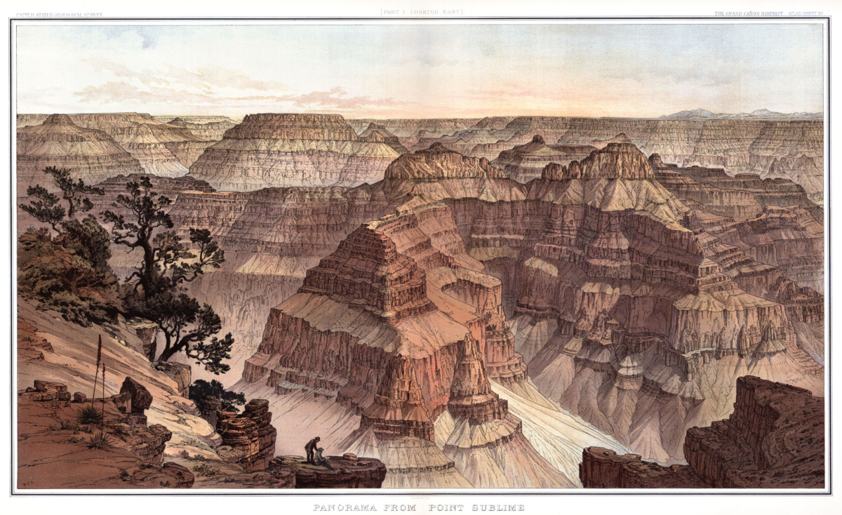 Bức tranh toàn cảnh nhìn từ Point Sublime, tranh minh họa hẻm núi Grand Canyon do họa sĩ William Henry Holmes vẽ năm 1882. Được phát hành trong cuốn sách “The Tertiary History of the Grand Cañon District” (Lịch Sử Địa Lý Khu Vực Grand Cañon), trang XV, năm 1882 của tác giả Clarence E. Dutton. (Ảnh: Tài liệu công cộng)