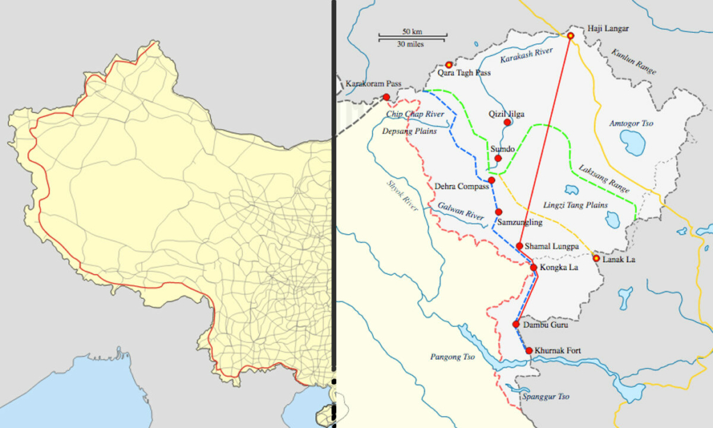 G219, xa lộ do Trung Quốc xây dựng qua Aksai Chin ở Tân Cương. Aksai Chin được Ấn Độ tuyên bố là một phần của Lãnh thổ Liên minh Ladakh. (Ảnh bên trái: 瑞丽江的河水, CC BY-SA 4.0/Wikimedia Common. Ảnh bên phải: Hogweard/Wikimedia Commons)