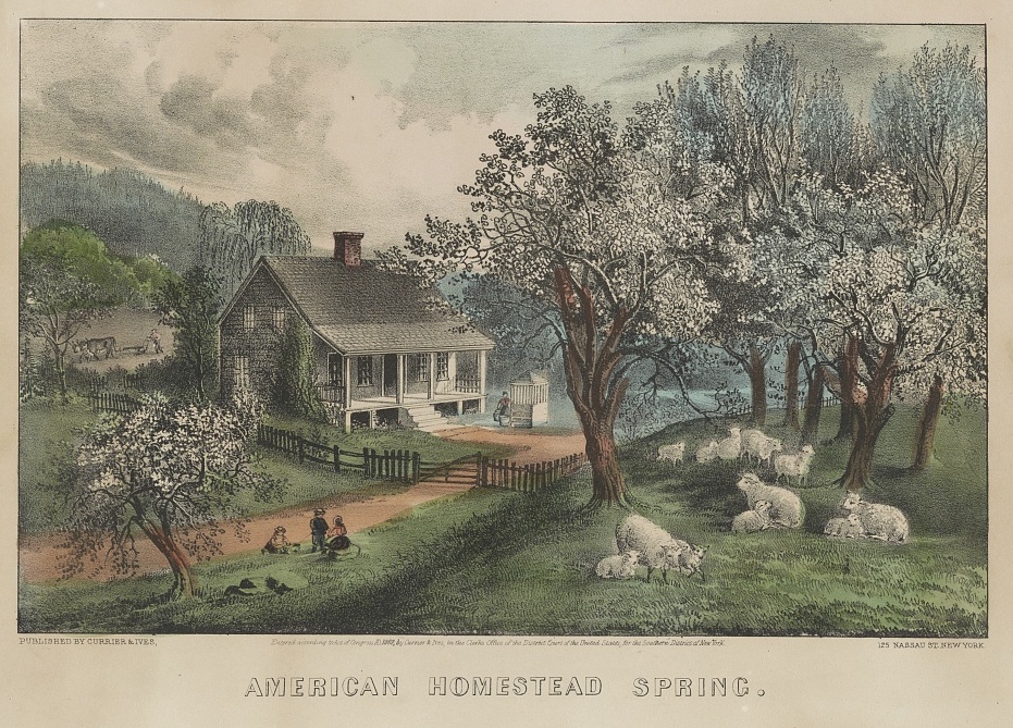 Có một điều gì đó hoàn toàn tốt đẹp, sâu sắc có thể được tìm thấy ở điểm giao nhau giữa lý tưởng và thực tế. Bức tranh “American Homestead Spring” (Mùa xuân trên tiểu nông trang ở Mỹ quốc) khoảng năm 1869, của doanh nghiệp sản xuất tranh in Currier & Ives. (Ảnh: Tài sản công cộng)