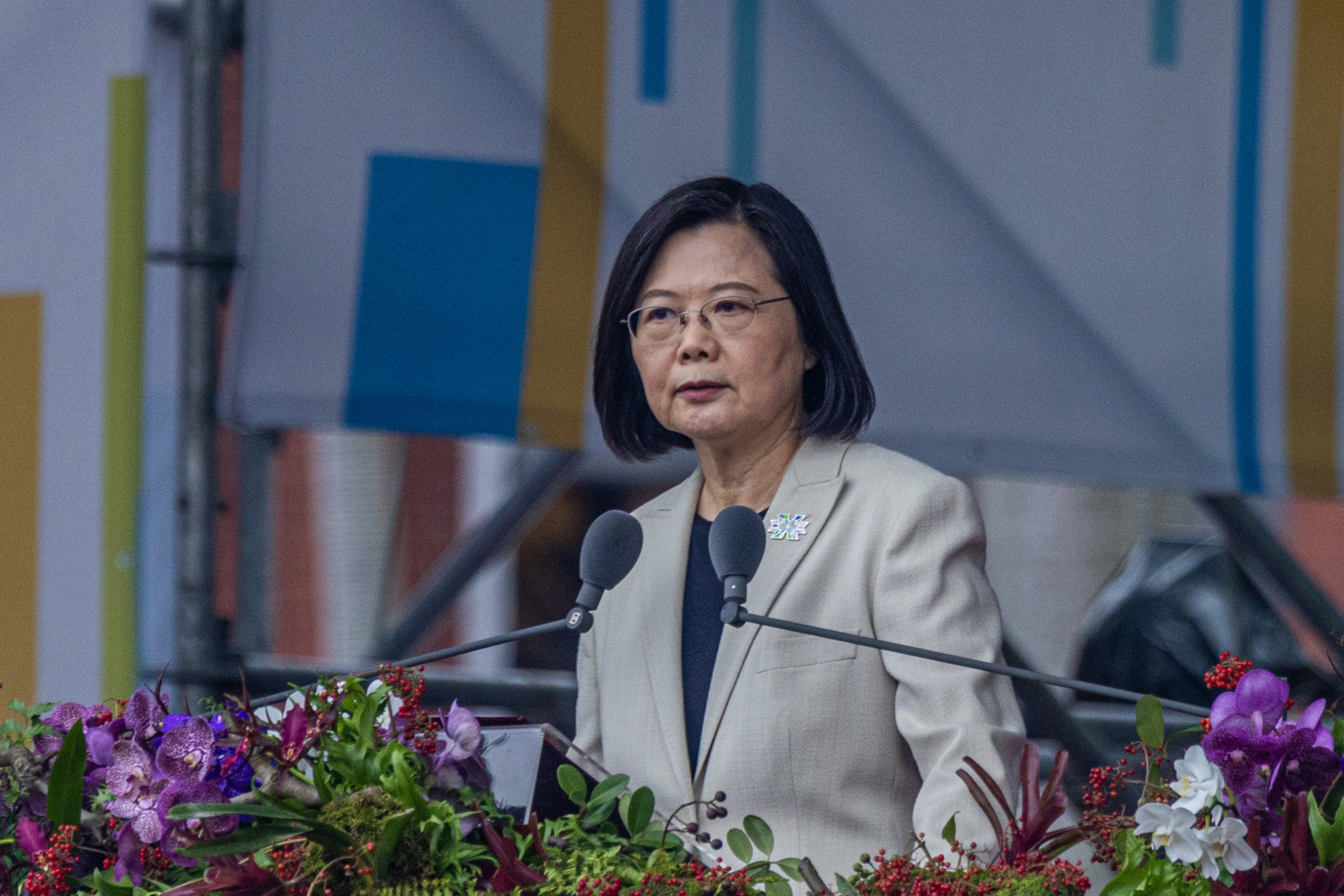 Tổng thống Đài Loan Thái Anh Văn đọc diễn văn nhân Ngày Quốc khánh Đài Loan hôm 10/10/2022 tại Đài Bắc, Đài Loan. (Ảnh: Annabelle Chih/Getty Images)