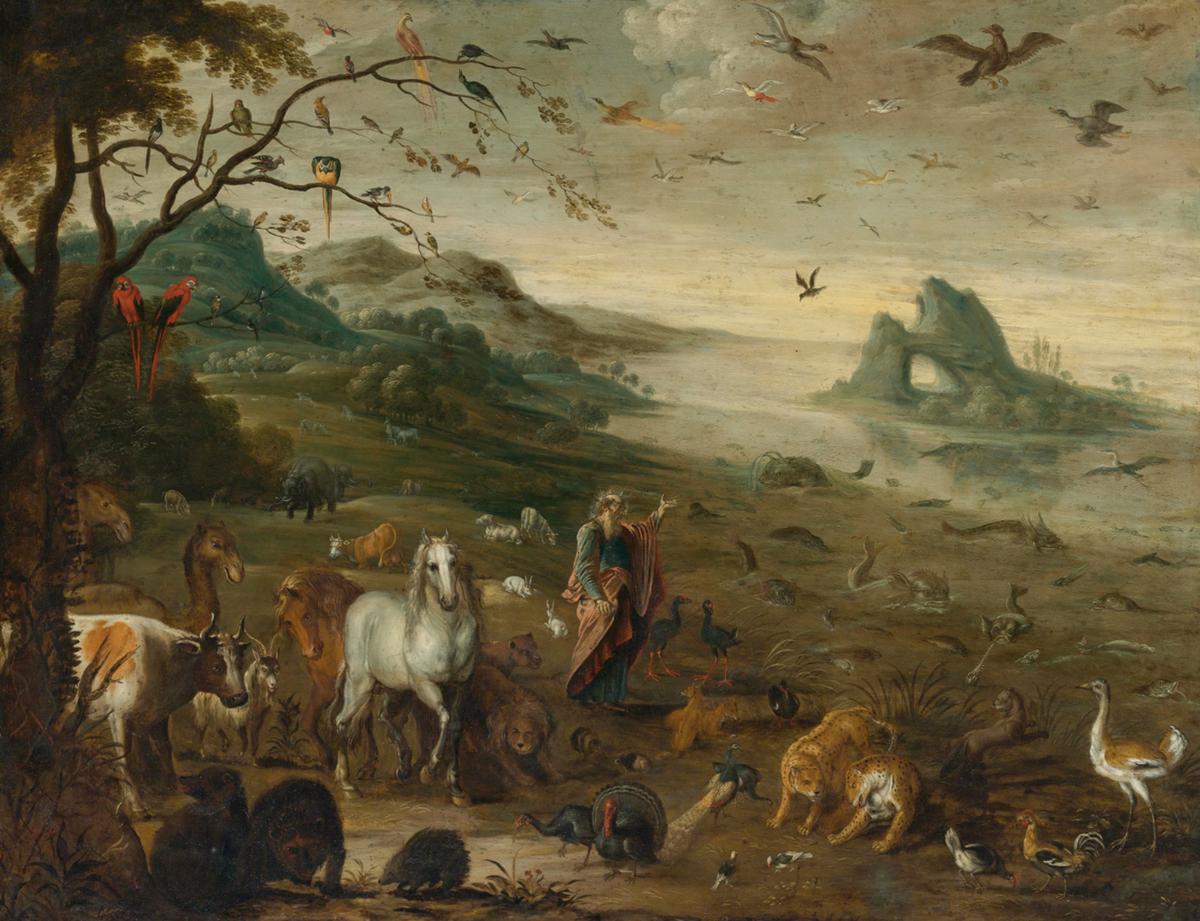 Tác phẩm “God Creating the Animals of the World” (Thiên Chúa tạo ra muôn loài trên thế gian) do họa sỹ Izaak van Oosten sáng tác vào thế kỷ 17. Tranh sơn dầu trên chất liệu đồng. Bộ sưu tập tư nhân. (Ảnh: Tài liệu công cộng)