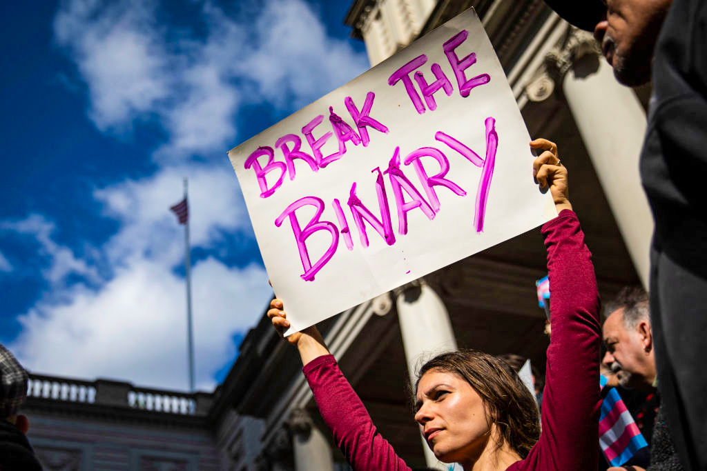 Các nhà hoạt động tập hợp để ủng hộ những người xác định là người chuyển giới tập trung trên bậc thềm của Tòa thị chính, ở New York, vào ngày 24/10/2018. (Ảnh: Drew Angerer/Getty Images)