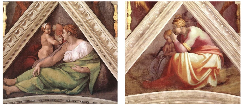 Chi tiết một bức tranh khung hình tam giác trên trần Nhà nguyện Sistina của Michelangelo. (Ảnh: Tài sản công)