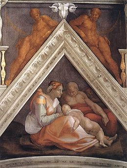 Chi tiết một bức tranh khung hình tam giác trên trần Nhà nguyện Sistina của Michelangelo. (Ảnh: Tài sản công)