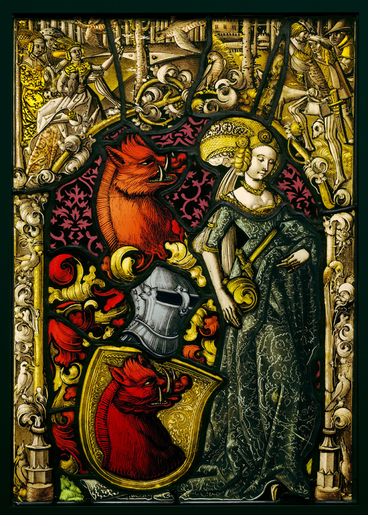 Bức tranh kính màu “Heraldic Panel With the Arms of the Eberler Family” (Bảng phù hiệu có gia huy của gia đình Eberler), do một nghệ sĩ khuyết danh chế tác, khoảng năm 1490. Kim loại nồi (pot-metal), kính ốp nhiều lớp và không màu, sơn thủy tinh, nhuộm bạc, thanh chì; kích thước: 17 5/16 inch (~44cm) x 12 3/16 inch (~31cm). Bảo tàng J.Paul Getty, Los Angeles. (Ảnh: Tài liệu công cộng)
