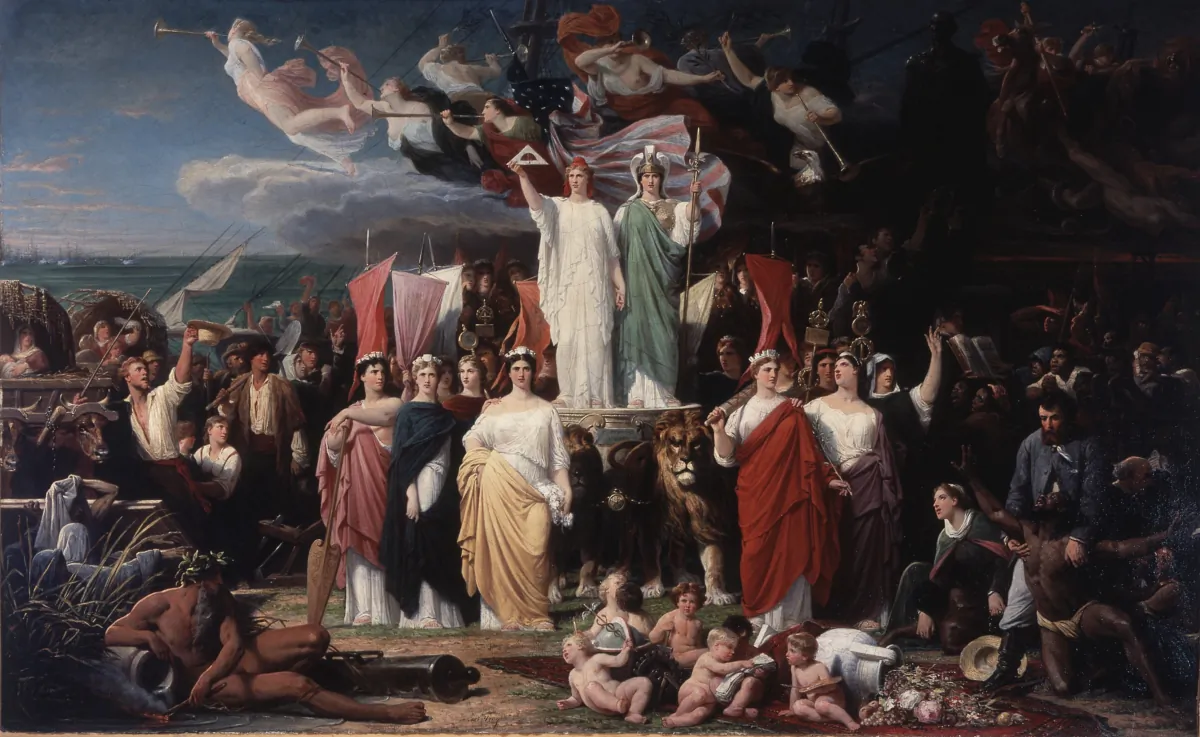 Để ca tụng vinh quang của quốc gia, bức tranh “The Genius of America” (Thiên tài nước Mỹ) do họa sĩ người Pháp Adolphe Yvon vẽ, khoảng năm 1868, trong thời kỳ sau Nội chiến. Tranh sơn dầu trên vải canvas. Bảo tàng Nghệ thuật Saint Louis, Missouri. (Ảnh: Tài liệu công cộng)