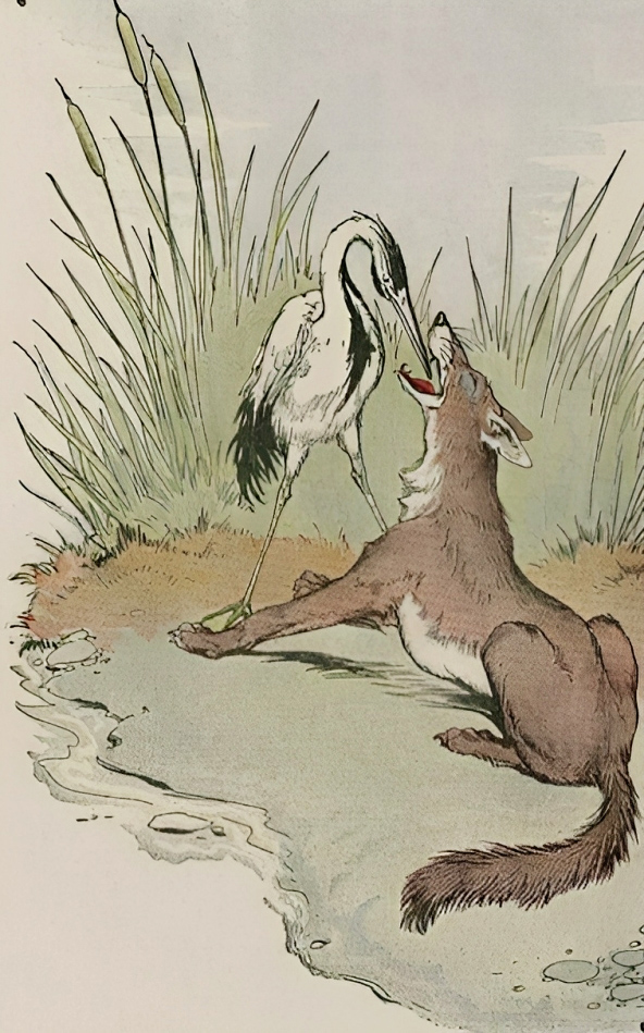 Tranh minh họa “The Wolf and the Crane” (Chó Sói và Chim Sếu), do họa sĩ Milo Winter vẽ cho “The Aesop for Children” (Truyện ngụ ngôn Aesop dành cho trẻ em) năm 1919. (Ảnh: PC-US)