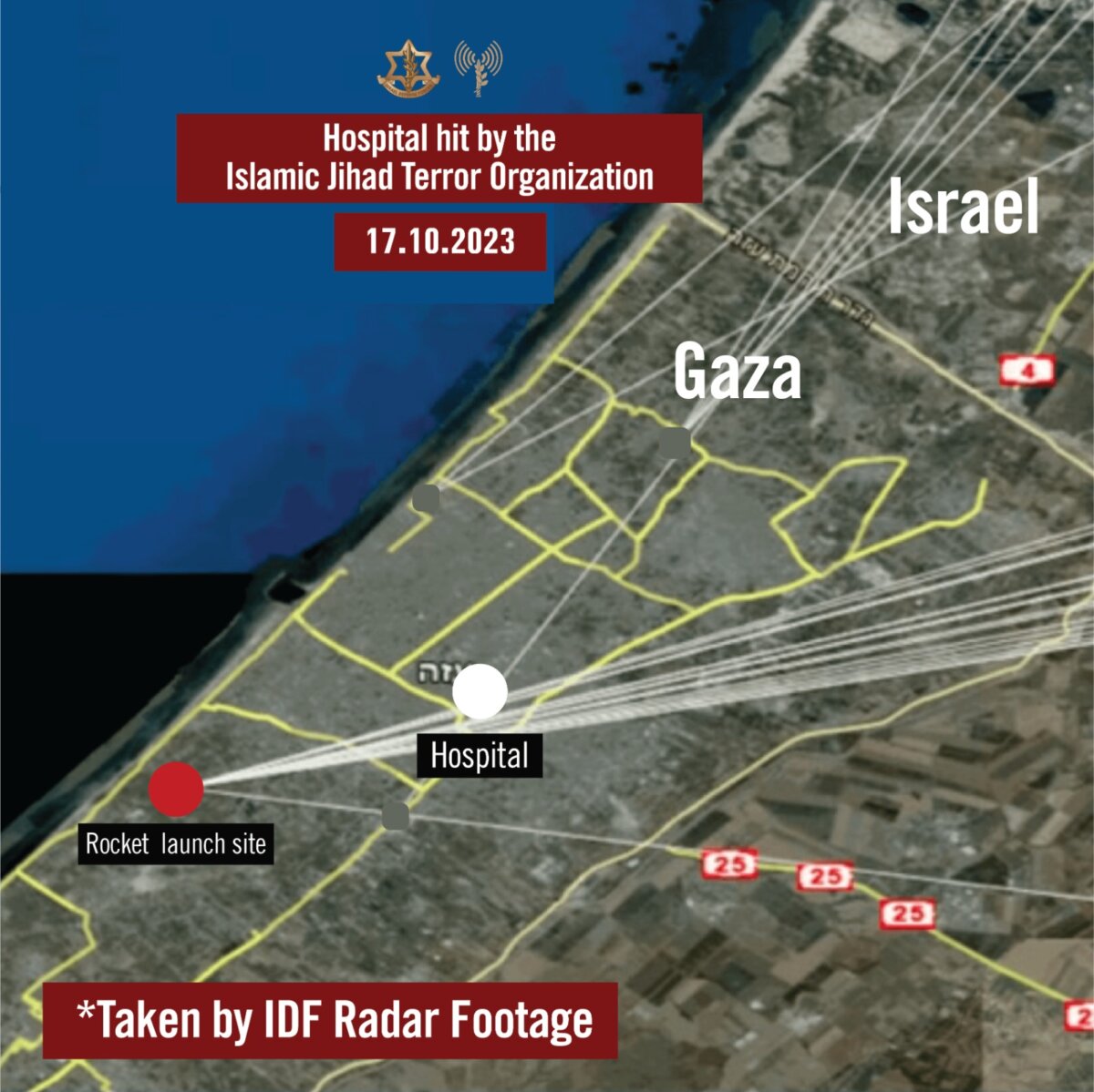Hình ảnh do quân đội Israel cung cấp cho thấy quỹ đạo của nhiều hỏa tiễn nhắm vào Israel, trong đó bệnh viện al-Ahli nằm trong tầm bắn trực tiếp. (Ảnh: IDF)