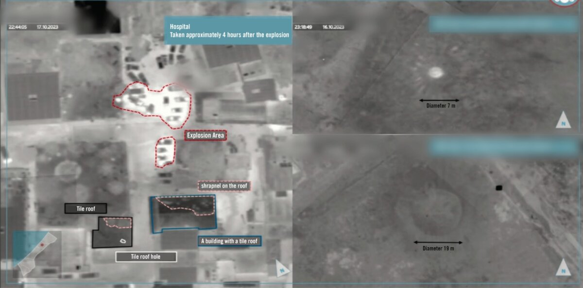 Hình ảnh về địa điểm xảy ra vụ nổ bệnh viện al-Ahli (trái) và các ví dụ về các hố bom do các cuộc không kích tạo ra (phải), do quân đội Israel cung cấp. (Ảnh: IDF)