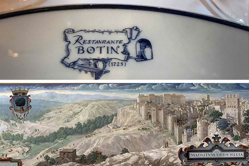 Một chiếc đĩa có biểu tượng của nhà hàng Botín và một bức tranh trang trí bức tường của nhà hàng. (Ảnh trên: Den C/CC BY 2.0; Ảnh dưới: Tài liệu công cộng)