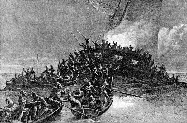 Một bản khắc cũ mô tả sự kiện phá hủy thuyền buồm Gaspee. Từ cuốn sách “The Providence Plantations for 250 Years” (Các Cuộc Di Dân Sang Thuộc Địa Providence trong 250 năm), năm 1886. (Ảnh: Tài liệu công cộng)
