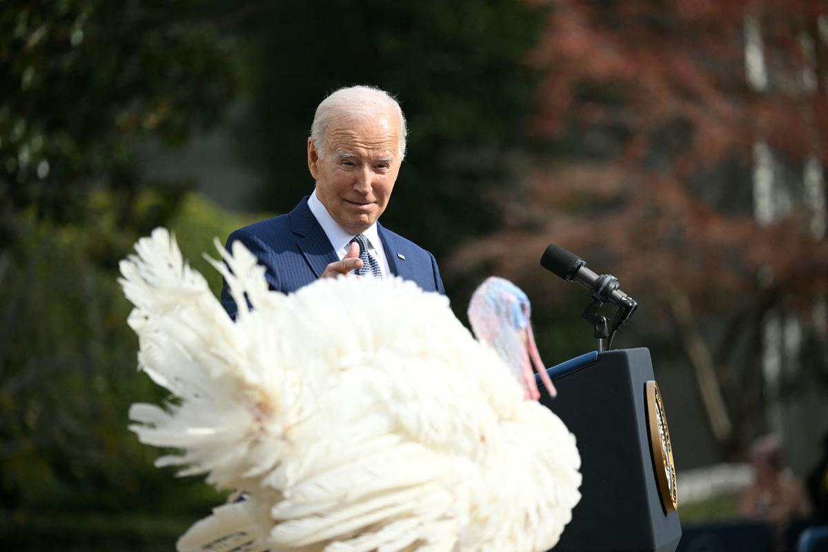 Tổng thống Joe Biden ban hành lệnh ân xá cho chú gà tây có tên Liberty trong buổi lễ ân xá gà tây dịp Lễ Tạ Ơn tại Tòa Bạch Ốc hôm 20/11/2023. (Ảnh: Mandel Ngan/AFP qua Getty Images)