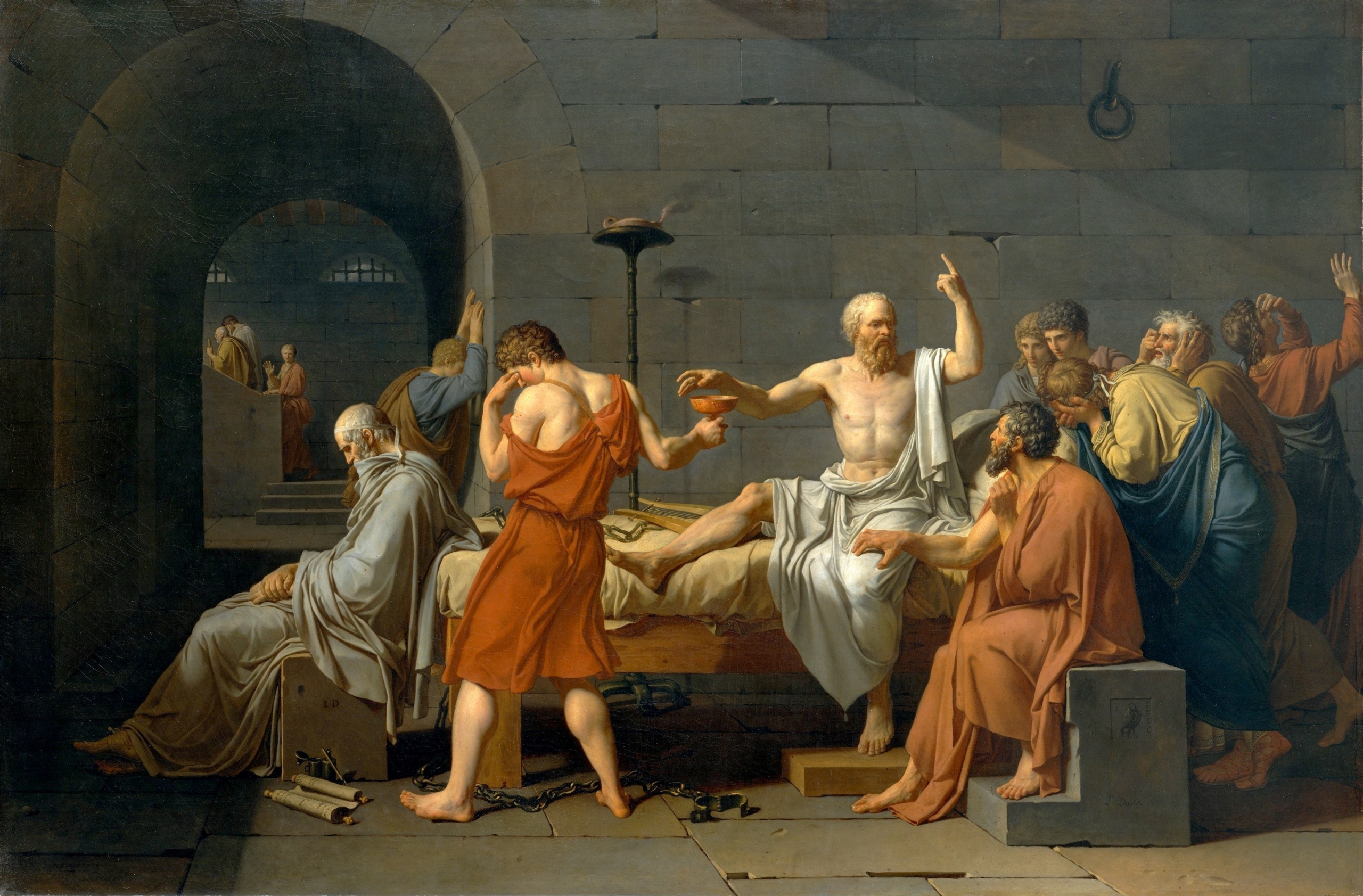 Trong bức tranh sơn dầu cổ điển “Cái chết của Socrates,” Socrates đã đối mặt với cái chết một cách bình thản. Bức tranh hiện đang được lưu giữ tại Bảo tàng Nghệ thuật Metropolitan, New York. (Ảnh: Tài sản công)