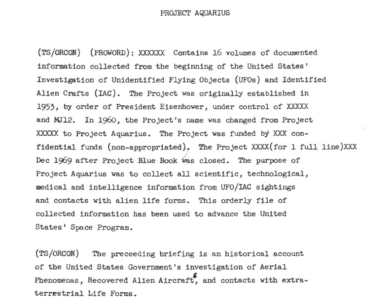 Một đoạn trích của tài liệu liên quan đến Dự án Aquarius. (Ảnh: Thư viện & Bảo tàng Tổng thống Ronald Reagan)