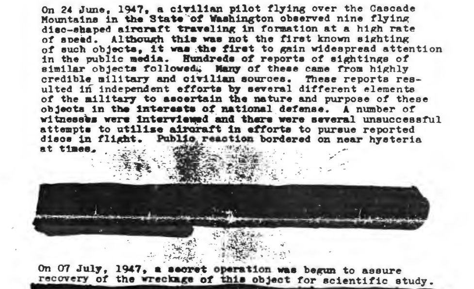 Một đoạn trích của tài liệu đề cập đến 9 UFO bay theo đội hình với tốc độ cao. (Ảnh: Thư viện & Bảo tàng Tổng thống Ronald Reagan)