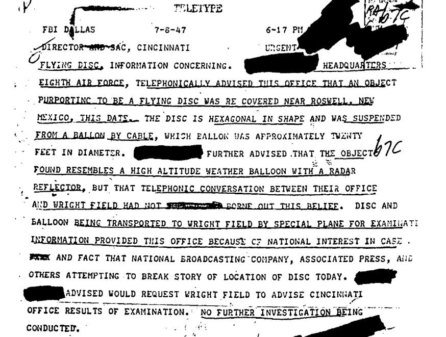 Một đoạn trích tài liệu của FBI đề cập đến vụ tai nạn UFO ở Roswell. (Ảnh: FBI)