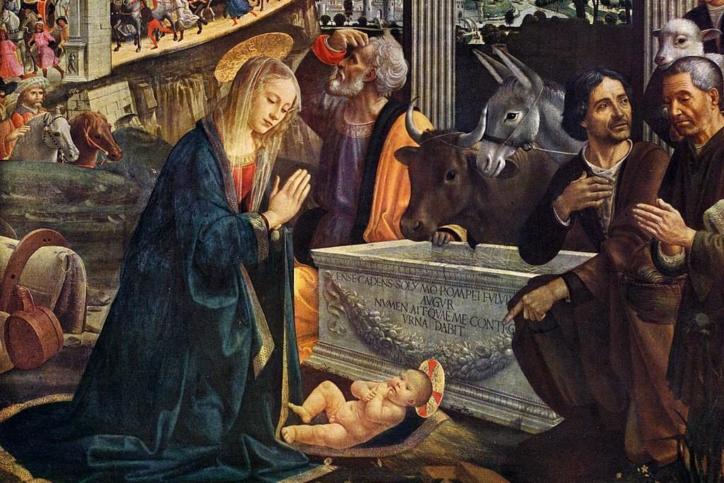 Thiên Chúa từ trời giáng xuống trong hình hài một em bé sơ sinh. Một chi tiết từ bức tranh “Adoration of the Shepherds” (Sự tôn thờ của những con chiên) của họa sĩ Domenico Ghirlandaio vẽ năm 1485 (Ảnh: Tài liệu công cộng)