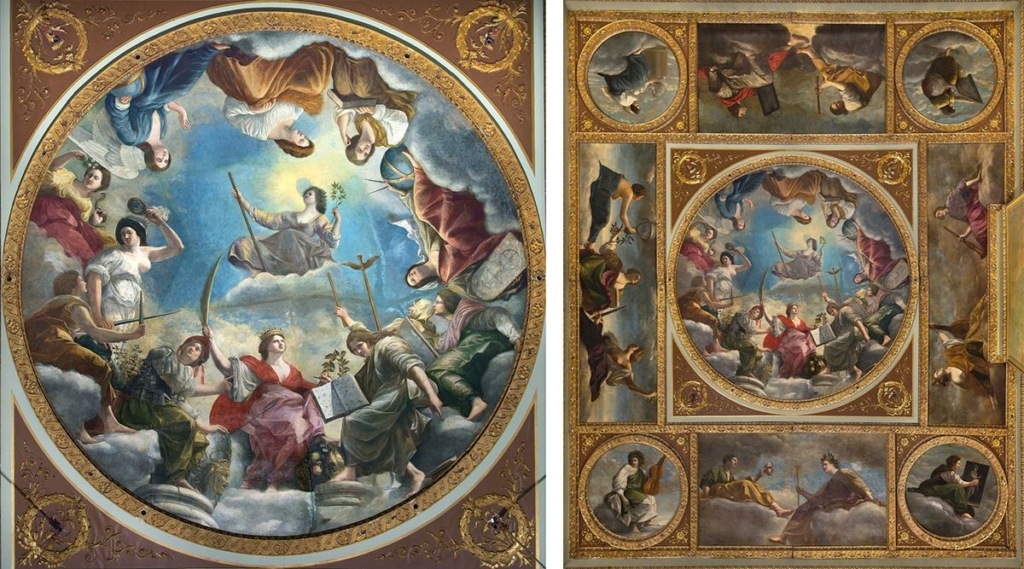 Ô trung tâm (bên trái) của bức bích họa trên trần nhà “An Allegory of Peace and the Arts” (Câu truyện ngụ ngôn về hòa bình và nghệ thuật), được bao quanh với 8 bức vẽ khác (bên phải), tôn vinh sự trị vì hòa bình của phu quân bà, Đức Vua Charles Đệ nhất, cùng nền nghệ thuật hưng thịnh của Anh quốc. Bức tranh “Câu truyện ngụ ngôn về hòa bình và nghệ thuật” của họa sĩ Orazio Gentileschi, năm 1635–1638. Sơn dầu trên vải canvas. Bộ sưu tập Hoàng gia, Vương quốc Anh. (Ảnh: Helvio ricina/CC BY-SA 4.0)