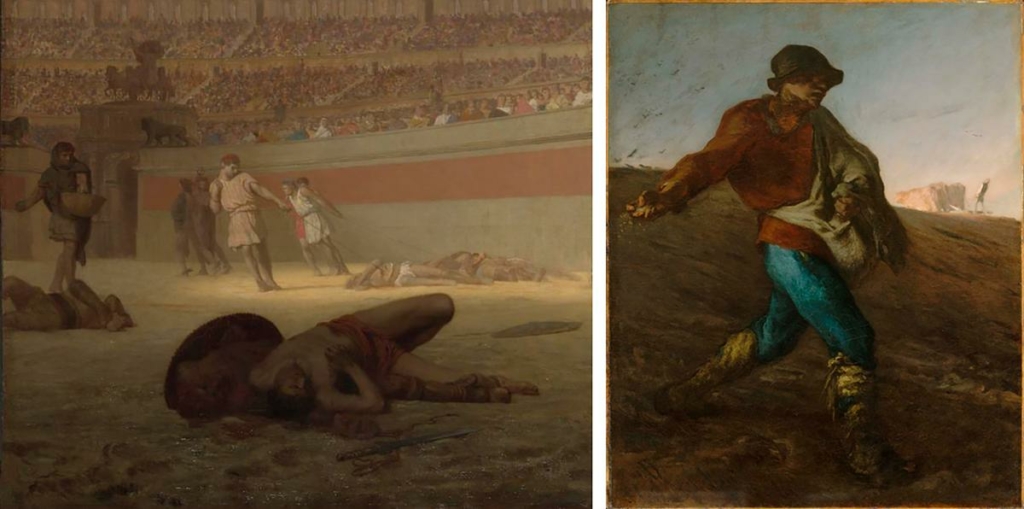 (Bên trái) Chi tiết từ bức tranh “Ave Caesar! Morituri te salutant” (“Hail Caesar! We Who Are About to Die Salute You”) (“Kính chào Ngài Caesar! Chúng tôi, những người sắp lìa đời, kính cẩn chào Ngài”) của họa sĩ Jean-Léon Gérôme vào năm 1859 so với bức tranh “The Sower” (Người gieo hạt) của tác giả Jean-François Millet, năm 1850. Sơn dầu trên vải canvas. Bảo tàng Mỹ thuật, Boston. (Ảnh: Tài liệu công cộng)