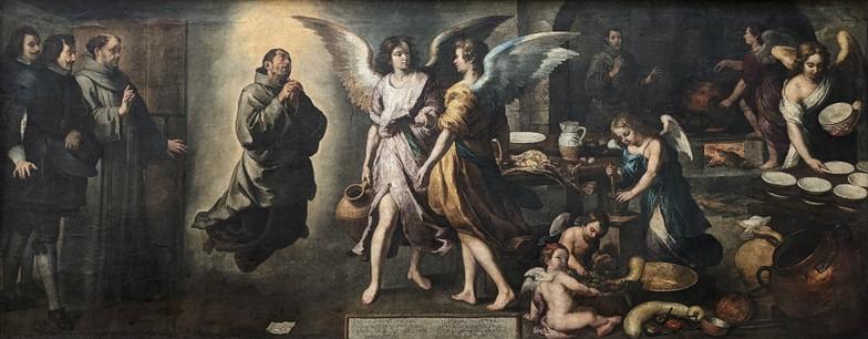 Bức tranh “The Angels’ Kitchen” (Nhà bếp của các thiên sứ) của họa sĩ Bartolomé Esteban Murillo vẽ năm 1646. Tranh sơn dầu trên vải canvas, kích thước: 5.9 inches x 4.9 inches (~ 15 cm x 12 cm). Bảo tàng Louvre, Paris. (Ảnh: Tài liệu công cộng)