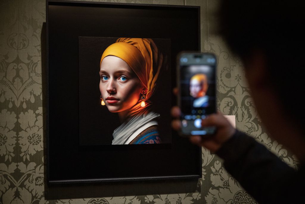 Một du khách chụp ảnh bằng điện thoại di động một hình ảnh được thiết kế bằng trí tuệ nhân tạo bởi nhà sáng tạo kỹ thuật số Julian van Dieken có trụ sở tại Berlin, lấy cảm hứng từ bức tranh “Cô Gái Đeo Bông Tai Ngọc Trai” của họa sĩ Johannes Vermeer tại bảo tàng Mauritshuis ở La Haye vào ngày 09/03/2023. (Ảnh: Simon Wohlfahrt/AFP qua Getty Images)