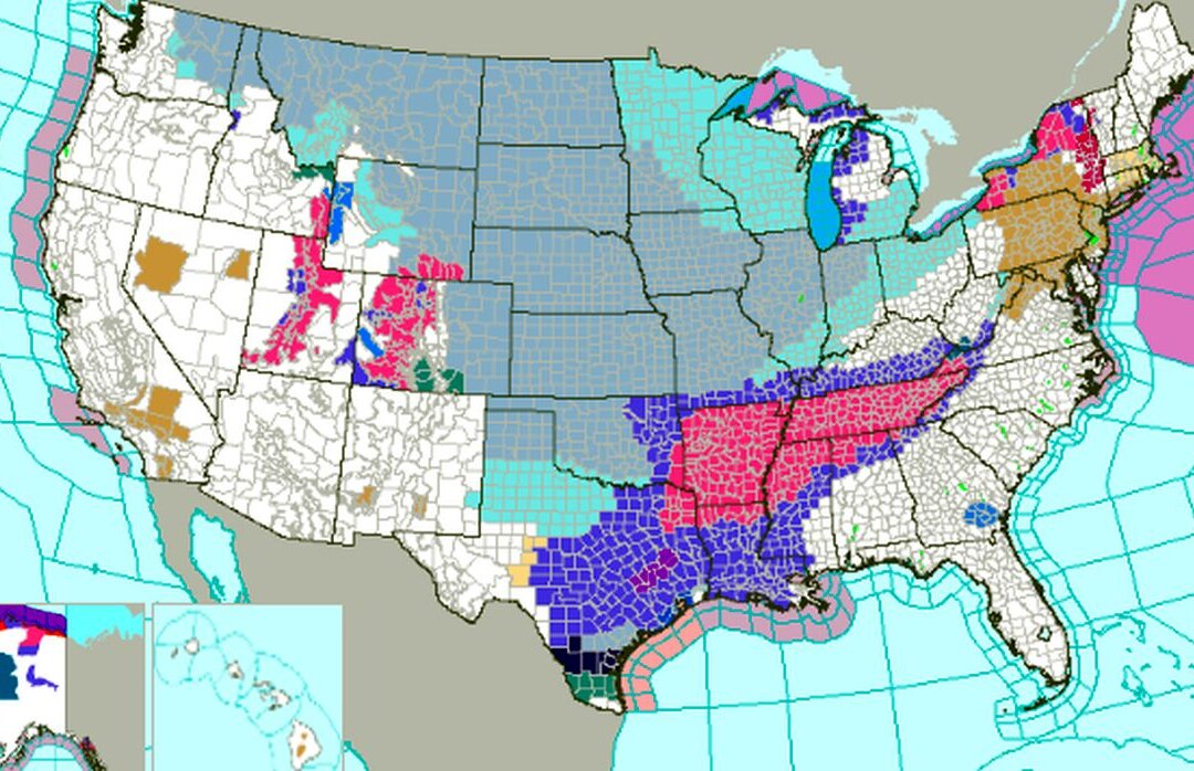 Một bản đồ của Cơ quan Thời tiết Quốc gia Hoa Kỳ được đăng hôm 14/01/2024, cho thấy nhiều cảnh báo và lời khuyên về thời tiết khác nhau trên khắp Hoa Kỳ. (Ảnh: NWS)