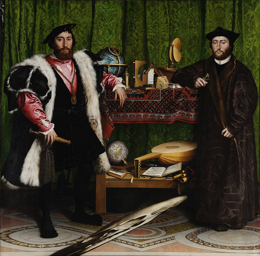 Bức “The Ambassadors” (Các vị Đại sứ) của Hans Holbein the Younger, sáng tác vào năm 1533, thuốc màu, gỗ sồi, kích thước 207 x 209.5 cm, được lưu trữ tại Bảo tàng Quốc gia Luân Đôn, Anh quốc. (Ảnh: Tài sản công)