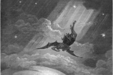 Một phần bức tranh phỏng theo khổ thơ “Towards the coast of Earth beneath,/Down from the ecliptic, sped with hoped success,/Throws his steep flight in many an aery wheel” (Hướng về bờ Địa Cầu bên dưới/Hạ xuống từ đường hoàng đạo, tăng tốc với hy vọng thành công/ Hắn ném mình trong chuyến bay dốc xoay nhiều vòng trên không.” (Cuốn 3, Dòng 739–741), năm 1866, của họa sĩ Gustav Doré cho thiên sử thi “Paradise Lost” (Thiên Đường Đã Mất) của thi hào John Milton. Tranh khắc. (Ảnh: Tư liệu công cộng).