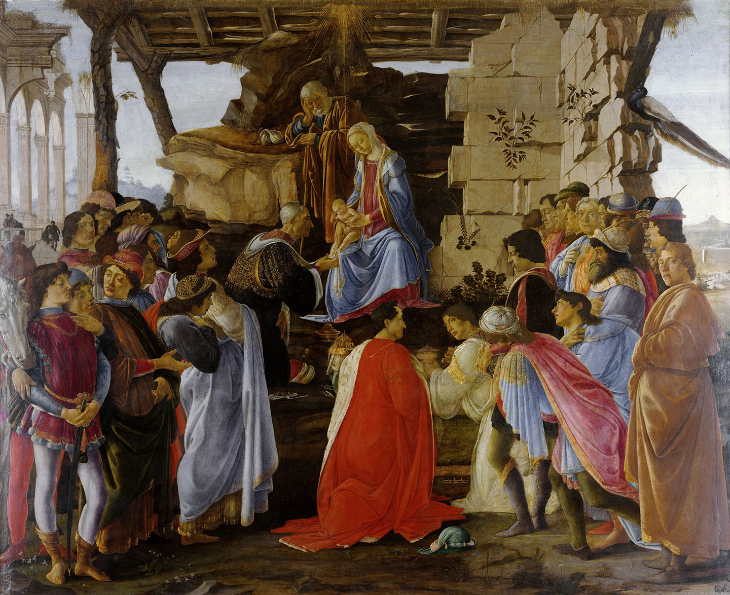 Tác phẩm “Adoration of the Magi” (Sự thờ phụng của ba nhà thông thái), danh họa Sandro Botticelli, vẽ khoảng năm 1475 –1476. Màu keo tempera trên khung. Phòng trưng bày Uffizi, Florence, Ý. (Ảnh: Tài liệu công cộng)