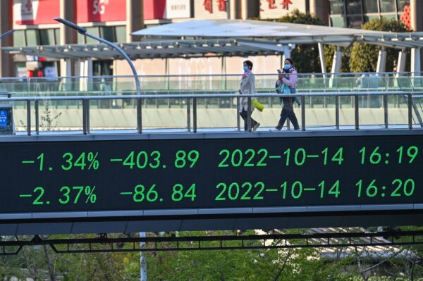 Người đi bộ băng qua cây cầu có bảng chỉ báo chứng khoán ở khu tài chính Lục Gia Chủy ở Thượng Hải, hôm 17/10/2022. (Ảnh: Hector Retamal/AFP qua Getty Images)