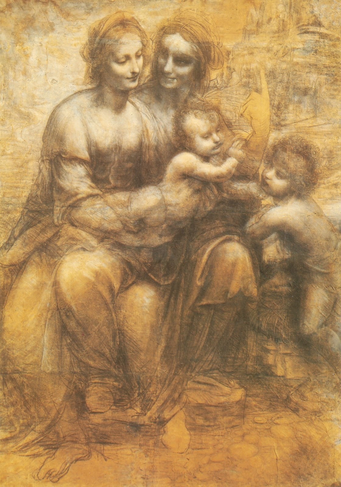 Bức phác thảo “Đức mẹ Đồng trinh và Chúa hài đồng cùng Thánh Anne và Thánh John Baptist” (Cartone di sant'Anna) của Leonardo da Vinci, vẽ năm 1500-1505, lưu trữ tại Bảo tàng Quốc gia nước Anh. (Ảnh: Tài sản công)