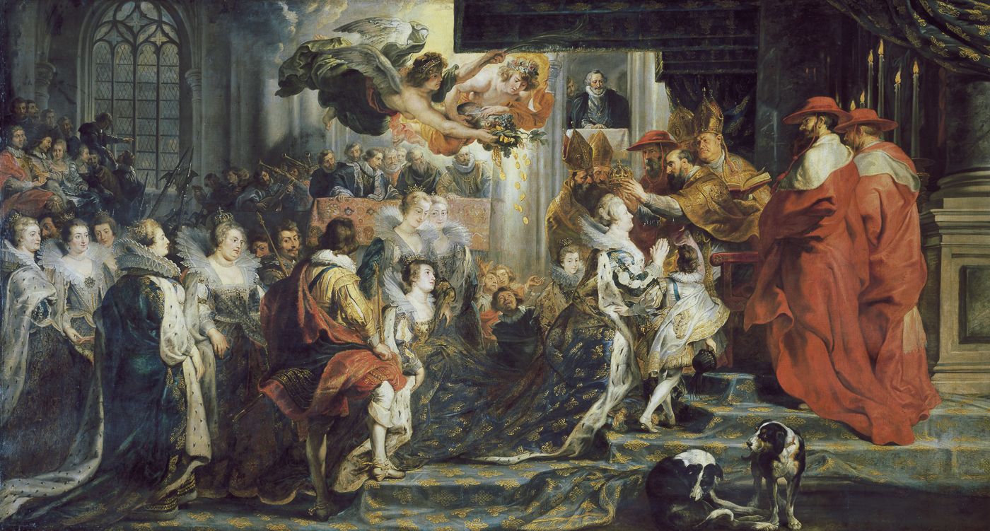 Bức “Lễ đăng quang ở Saint-Denis” (The Coronation in Saint-Denis) của Peter Paul Rubens (1577-1640), sơn dầu trên vải, 394×727 cm, được lưu giữ tại Bảo tàng Louvre, Paris, Pháp. (Ảnh: Tài sản công)