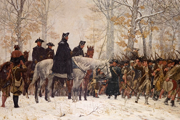 Từ trước đến nay, Lục quân Lục địa luôn không được cung cấp đủ đồ dùng và lương thực. Rất nhiều binh lính phải đi chân trần vào mùa đông. Mùa đông lạnh giá hàng năm là quan ải khó khăn nhất đối với quân đội. Bức tranh sơn dầu “The March to Valley Forge” của họa sĩ người Mỹ, William Trego. (Ảnh: Tài sản công)