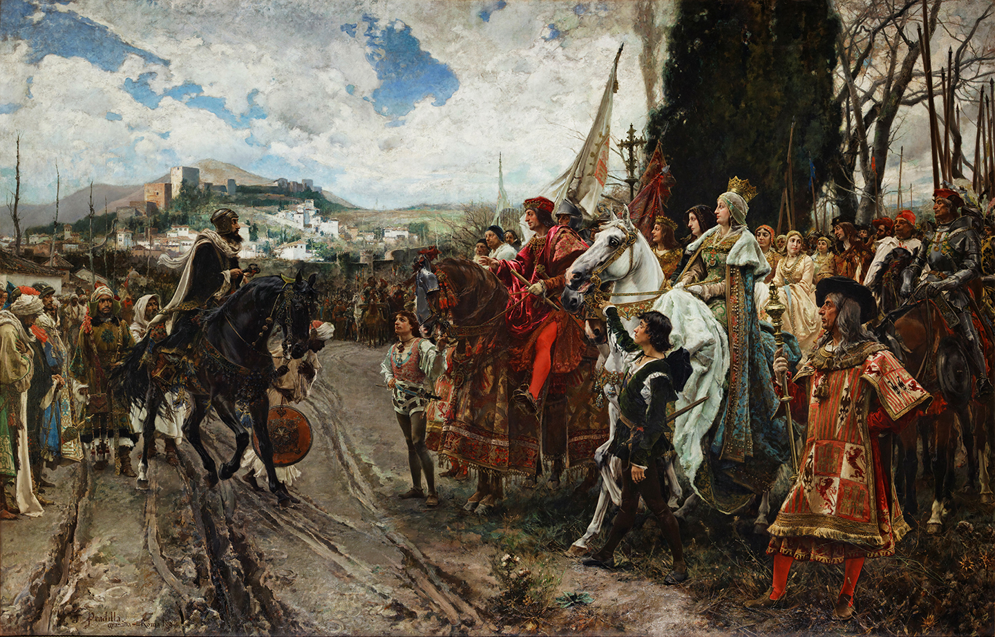 Tác phẩm “The Capitulation of Granada” (Sự đầu hàng của vương quốc Granada) của hoạ sĩ Francisco Pradilla y Ortiz, vẽ vào năm 1882. Sơn dầu trên vải canvas. Cung điện Thượng viện, thành phố Madrid. (Ảnh: Tư liệu công cộng)