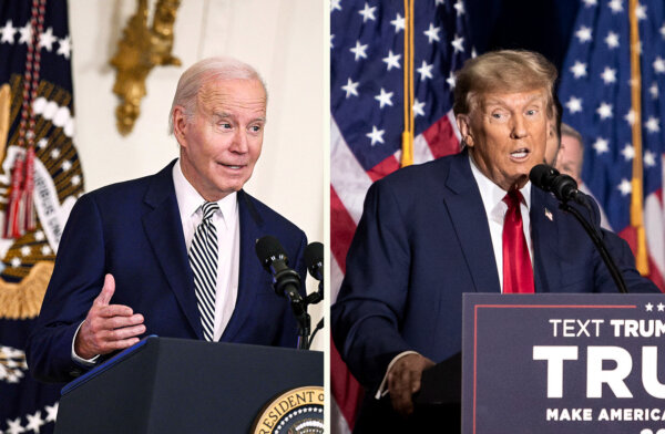 (Bên trái) Tổng thống Joe Biden. (Ảnh: Brendan Smialowski/AFP qua Getty Images) (Phải) Cựu tổng thống Donald Trump. (Ảnh: John Fredricks/The Epoch Times)