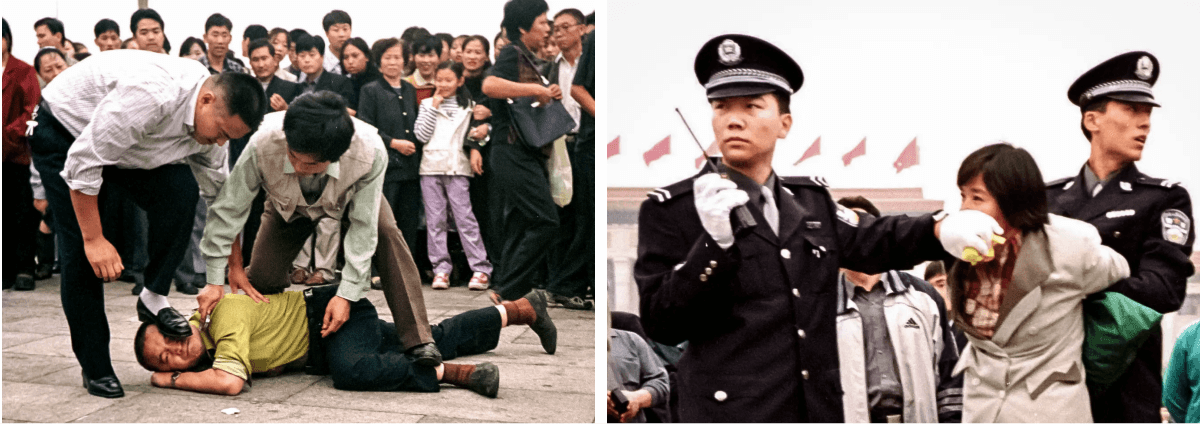 (Trái) Công an bắt giữ một học viên Pháp Luân Công khi đám đông tụ tập quanh Quảng trường Thiên An Môn ở Bắc Kinh vào ngày 01/10/2000. (Phải) Hai công an Trung Quốc bắt giữ một học viên Pháp Luân Công tại Quảng trường Thiên An Môn ở Bắc Kinh vào ngày 10/01/2000. (Ảnh: Chien-Min Chung/AP Photo)