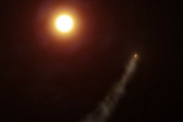 Các nhà thiên văn học đã phát hiện ra ngoại hành tinh WASP-69b có cái đuôi dài đến 350,000 dặm Anh. Ảnh minh họa WASP-69b quay quanh hằng tinh mẹ. (Ảnh: Adam Makarenko/Đài thiên văn W. M. Keck)