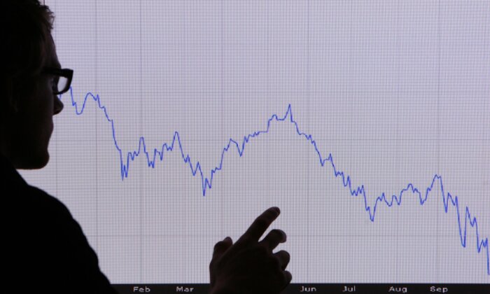 Một người đàn ông nhìn vào biểu đồ thể hiện sự sụt giảm trong 12 tháng của chỉ số cổ phiếu FTSE 100, tại London, hôm 07/10/2008. (Ảnh: Peter Macdiarmid/Getty Images)