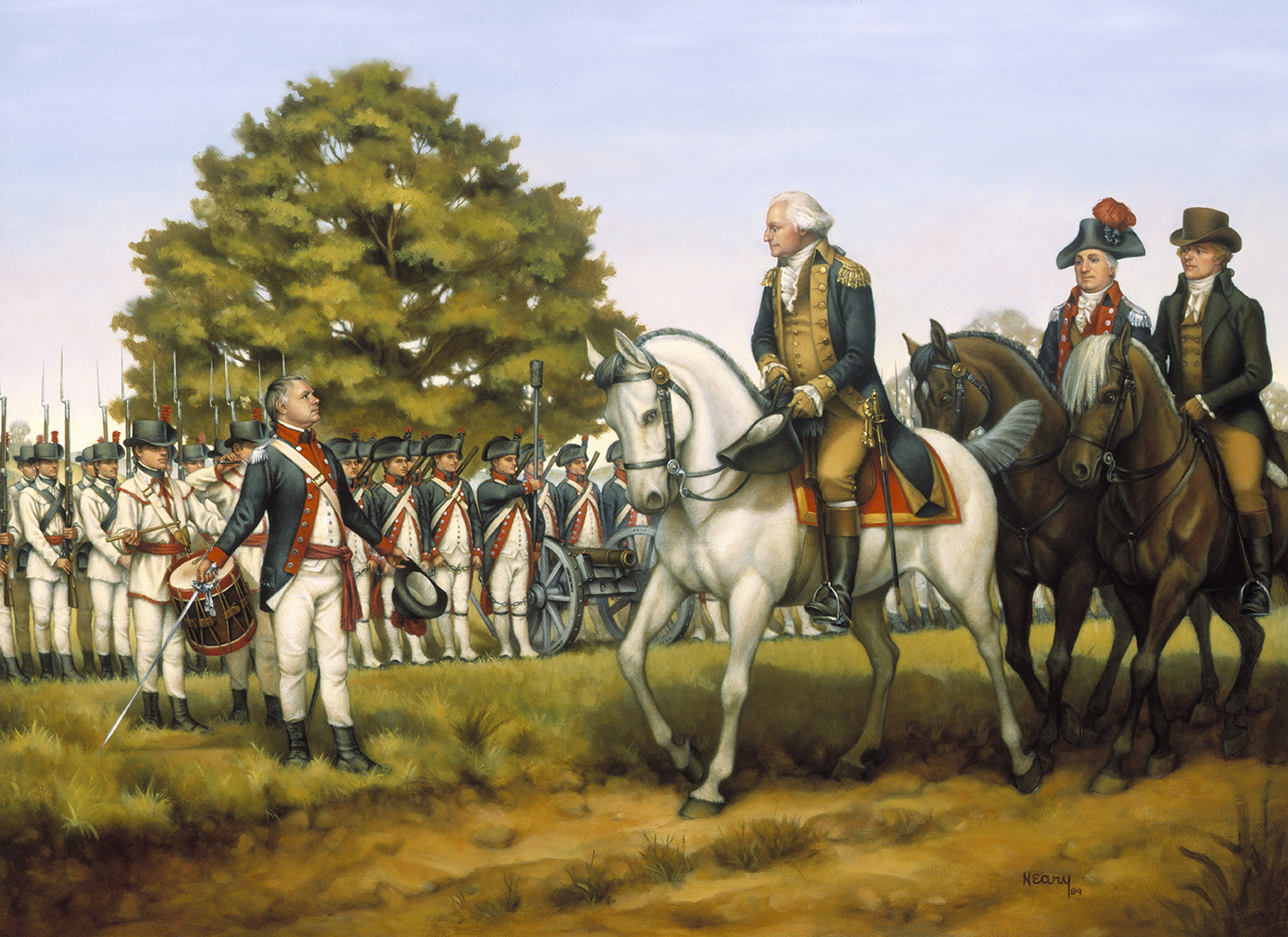Tranh minh họa Tổng thống Washington lần đầu tiên sử dụng Thiết Quân Luật để “Thi Hành Luật Liên minh” trong Cuộc Nổi loạn Rượu Whiskey năm 1794, của họa sĩ Donna Neary. The National Guard (Vệ binh Quốc gia). (Ảnh: Tư liệu công cộng)