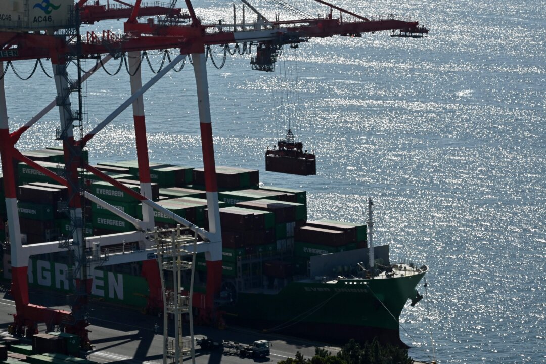 Một cần cẩu lớn đang được sử dụng để bốc dỡ container hàng hóa từ tàu biển lên bờ tại ga hàng hóa quốc tế ở Cảng Tokyo vào ngày 16/11/2023. (Ảnh: Kazuhiro Nogi/AFP qua Getty Images)