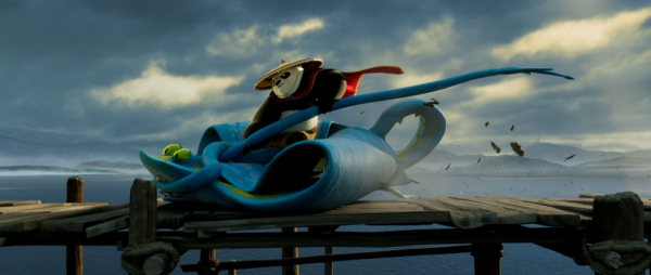 Chiến binh Rồng Po (do tài tử Jack Black lồng tiếng) trói một con cá đuối độc ác, trong “Kung Fu Panda 4.” (Ảnh: DreamWorks Animation)