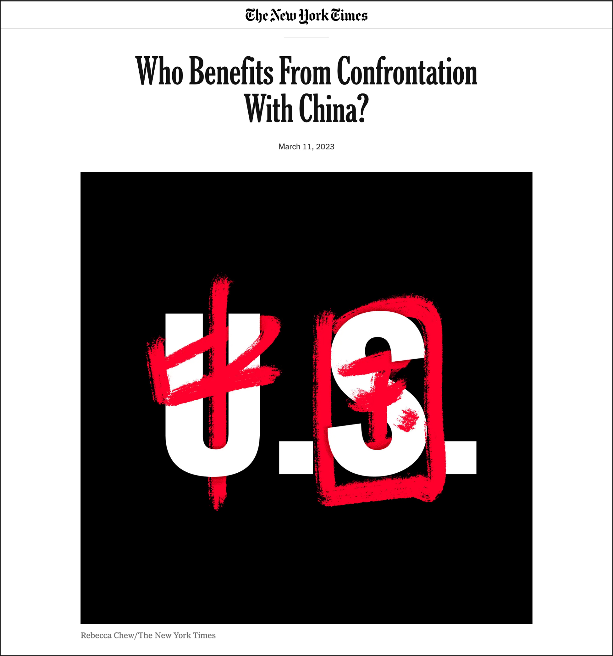 Ảnh chụp màn hình bài xã luận “Ai Được Hưởng Lợi Từ Việc Đối Đầu Với Trung Quốc?” của tờ New York Times. (Ảnh: Ảnh chụp màn hình qua The Epoch Times)