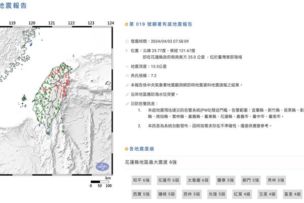 Một trận động đất mạnh 7.2 độ đã xảy ra ở Hoa Liên, Đài Loan, vào lúc 7 giờ 58 phút ngày 03/04/2024. (Ảnh: Cục Khí tượng Trung ương Đài Loan)